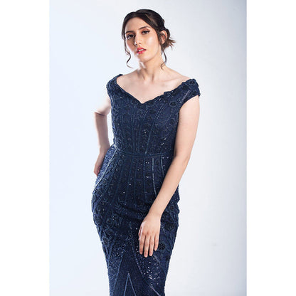 Ambrosia Hand Beaded Embellished Mid Night Navy Blue Long Gown