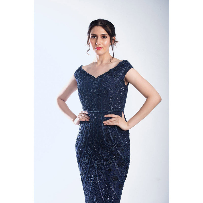 Ambrosia Hand Beaded Embellished Mid Night Navy Blue Long Gown