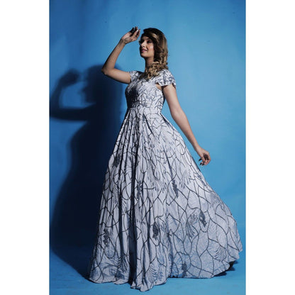Ambrosia Hand Embellished Cool Blue Long Gown with Beaded Ruffled Sleeves