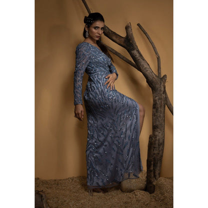 Ambrosia Hand Embellished Ice Blue Long Gown with Full Sleeves