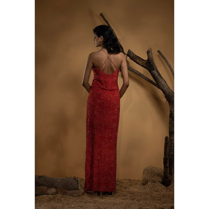 Ambrosia Hand Embellished Orange Sleeveless Long Gown with Intricate Beads