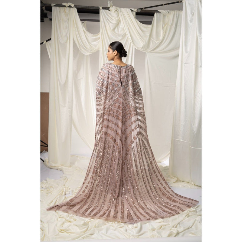 Ambrosia Hand Embellished Pink V-Neck Gown with An Attached Beaded Cape Sleeves