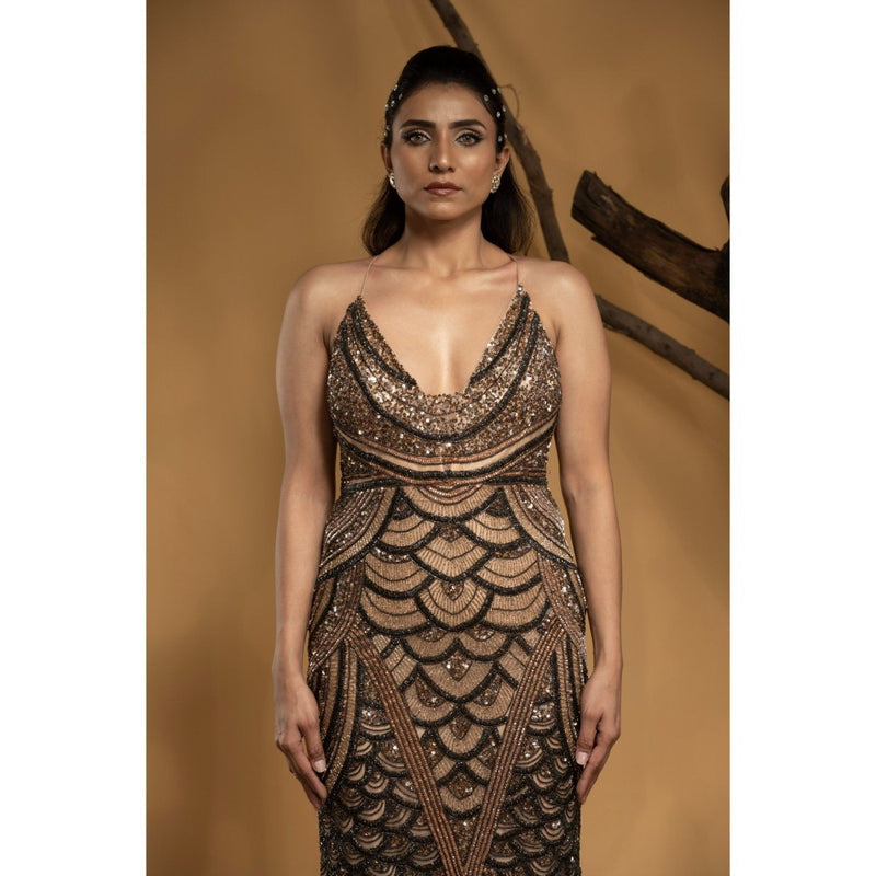 Ambrosia Hand Embellished Multi-Color Deep Neck Gown