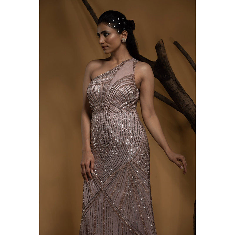 Ambrosia Hand Embellished One Shoulder Light Pink Sequence & Beaded Gown