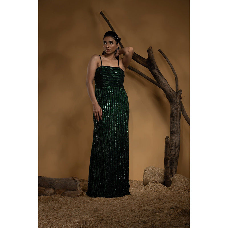 Ambrosia Hand Embellished Emerald Green Gown with Straps