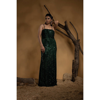 Ambrosia Hand Embellished Emerald Green Gown with Straps