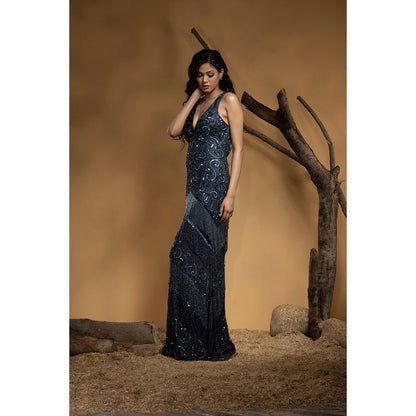 Ambrosia Hand Embellished Navy Blue V-Neck Sequence Gown