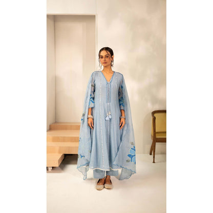 AM by Anita Mittal Blue Chanderi Zoya Anarkali Kurta with Pant and Dupatta