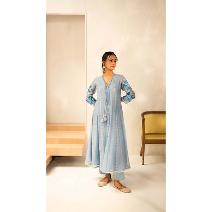 AM by Anita Mittal Blue Chanderi Zoya Anarkali Kurta with Pant and Dupatta