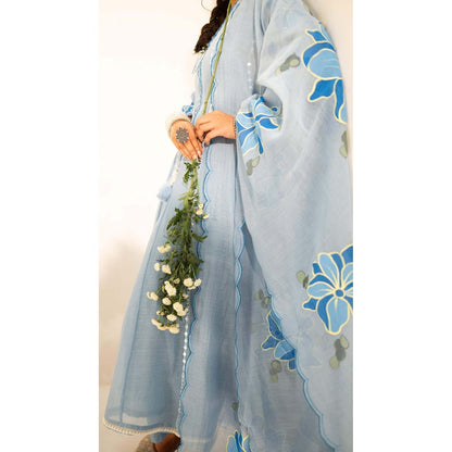 AM by Anita Mittal Blue Chanderi Zoya Anarkali Kurta with Pant and Dupatta