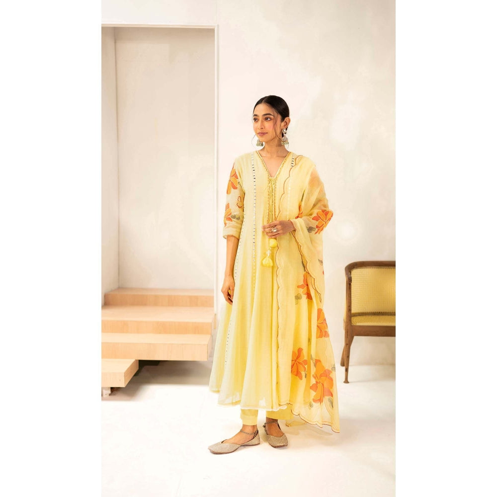 AM by Anita Mittal Yellow Chanderi Zoya Anarkali Kurta with Pant and Dupatta