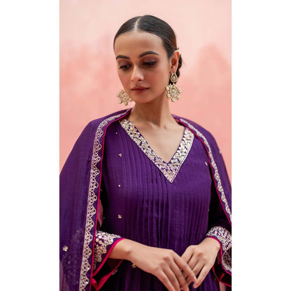 AM by Anita Mittal Purple Sitara A-Line Kurta with Pant and Dupatta