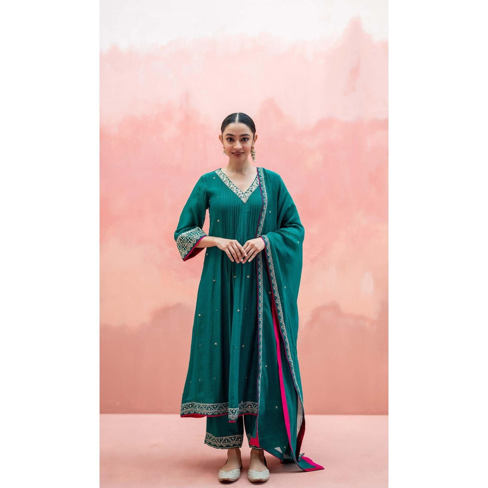 AM by Anita Mittal Teal Sitara A-Line Kurta with Pant and Dupatta