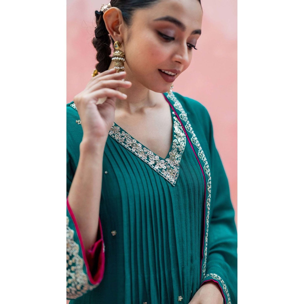 AM by Anita Mittal Teal Sitara A-Line Kurta with Pant and Dupatta