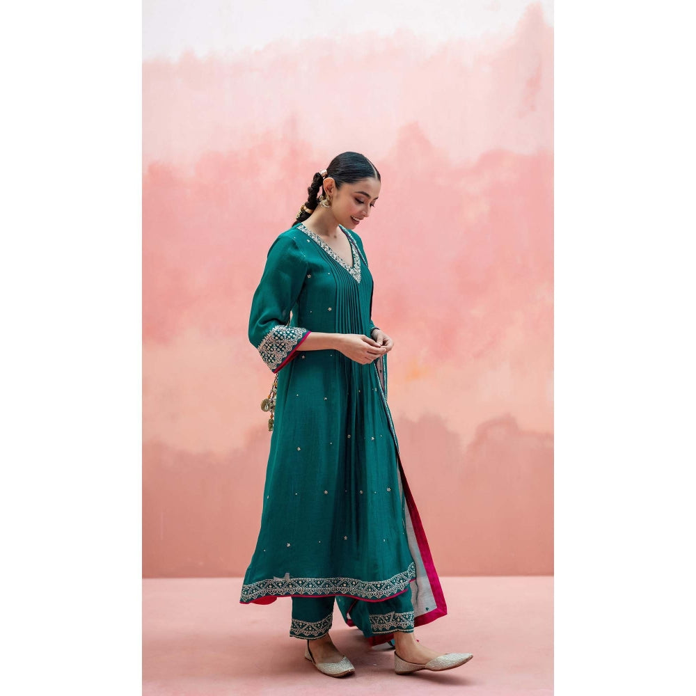 AM by Anita Mittal Teal Sitara A-Line Kurta with Pant and Dupatta