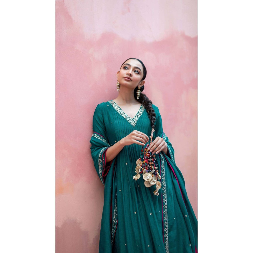 AM by Anita Mittal Teal Sitara A-Line Kurta with Pant and Dupatta