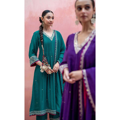 AM by Anita Mittal Teal Sitara A-Line Kurta with Pant and Dupatta