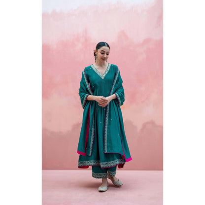 AM by Anita Mittal Teal Sitara A-Line Kurta with Pant and Dupatta