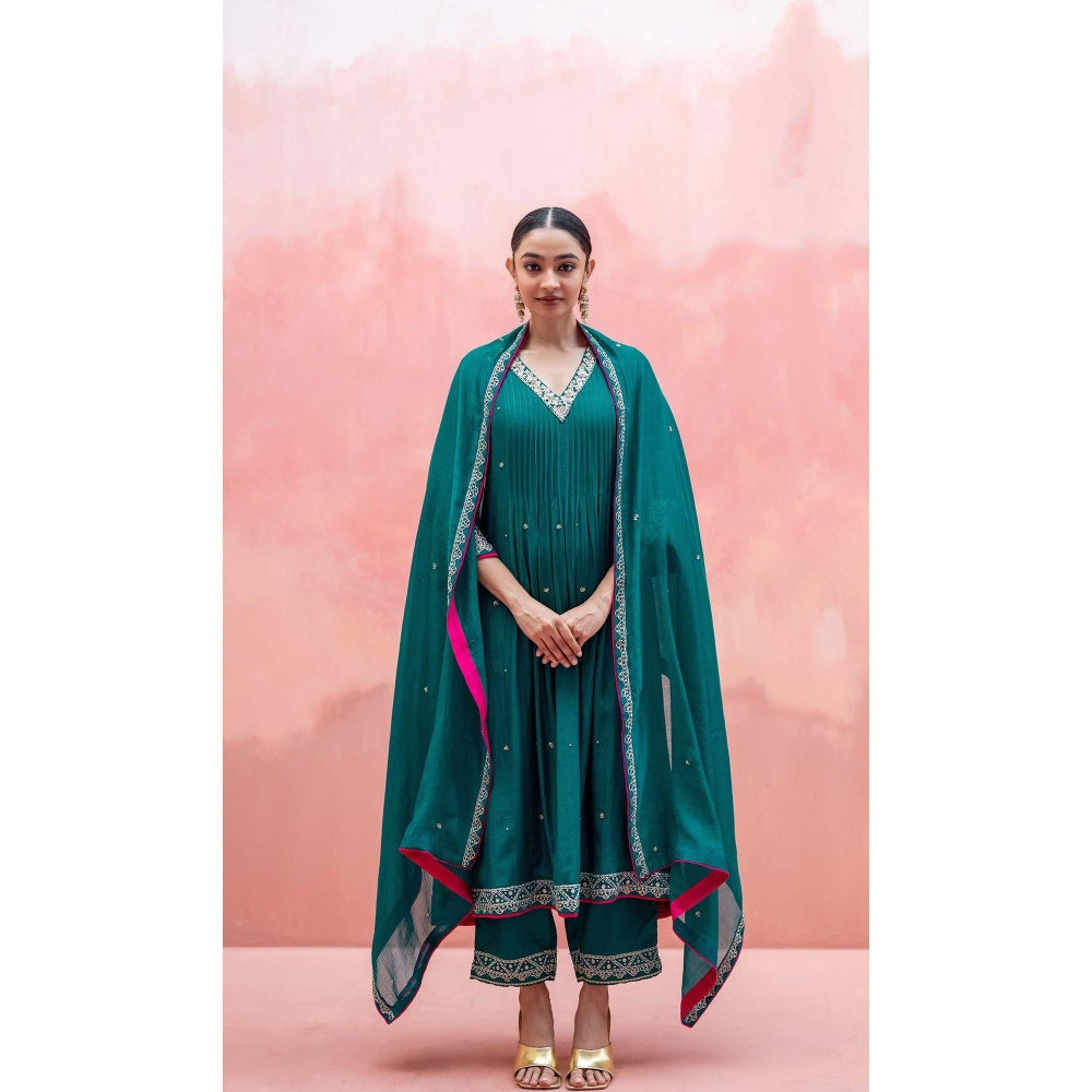 AM by Anita Mittal Teal Sitara A-Line Kurta with Pant and Dupatta