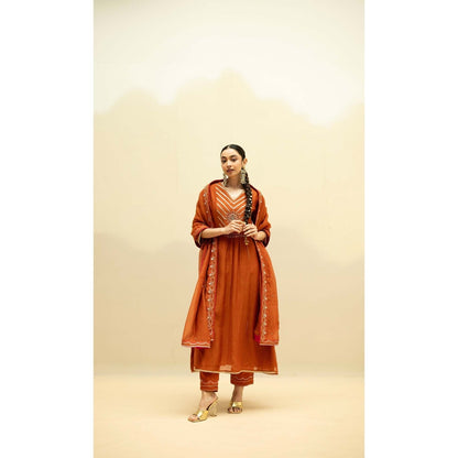 AM by Anita Mittal Rust Cotton Jhoomar Kurta with Pant and Dupatta