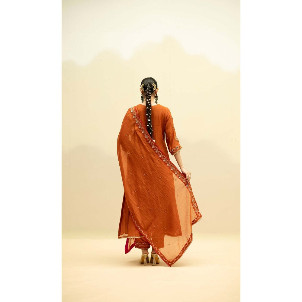 AM by Anita Mittal Rust Cotton Jhoomar Kurta with Pant and Dupatta