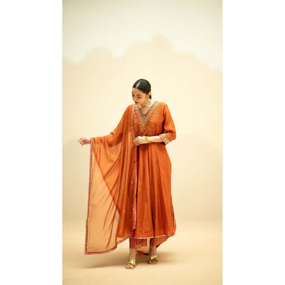 AM by Anita Mittal Rust Cotton Taarini Kurta with Pant and Dupatta