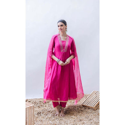 AM by Anita Mittal Pink Pure Cotton Yara A-Line Kurta with Pant and Dupatta