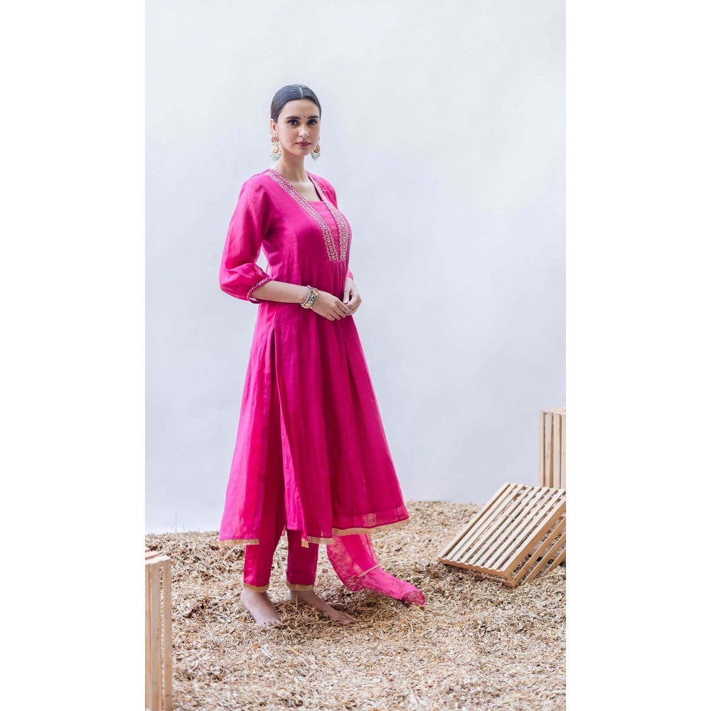 AM by Anita Mittal Pink Pure Cotton Yara A-Line Kurta with Pant and Dupatta