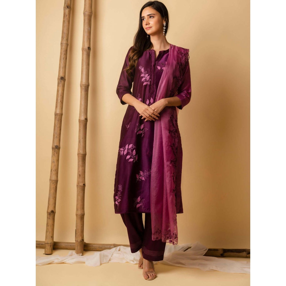 AM by Anita Mittal Wine Leaf Applique Kurta with Pant and Dupatta