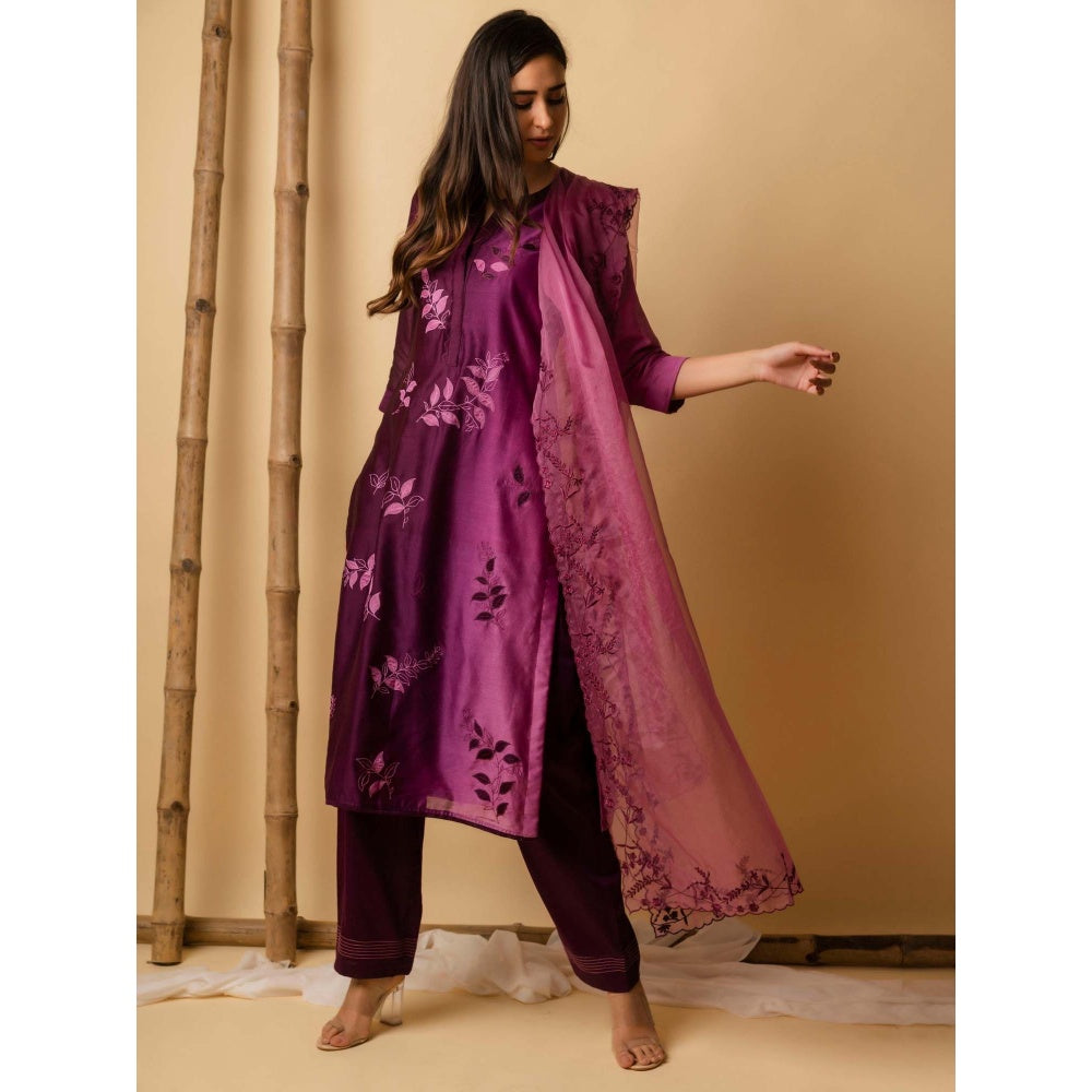 AM by Anita Mittal Wine Leaf Applique Kurta with Pant and Dupatta
