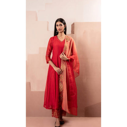 AM by Anita Mittal Red Ruhani Anarkali Kurta with Pant and Dupatta