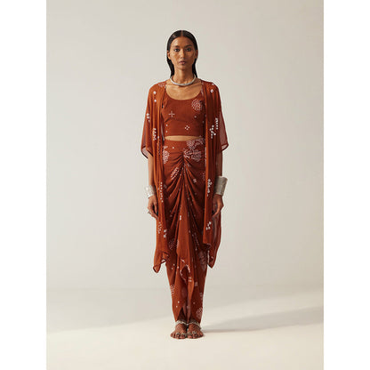 Amka India Brown Desert Draped Skirt with Crop Top & Cape (Set of 3)