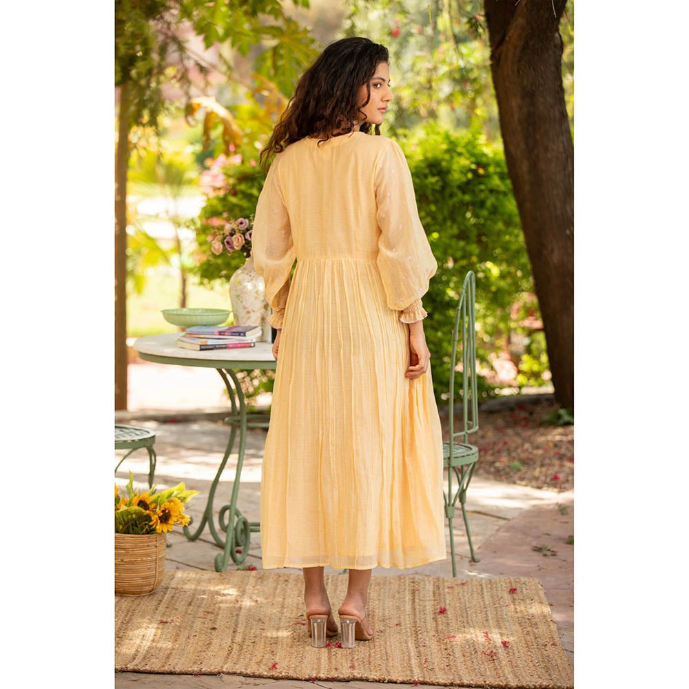 Amoree Yellow V-Neck Embroidered Frill Sleeves Dress