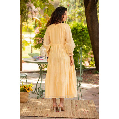 Amoree Yellow V-Neck Embroidered Frill Sleeves Dress
