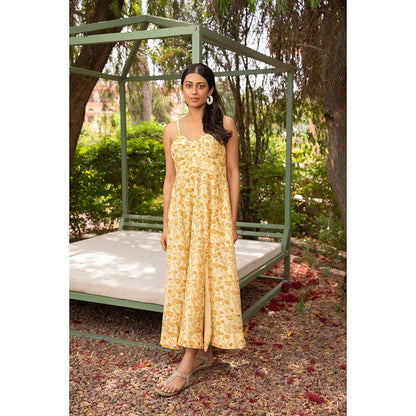 Amoree Yellow Hand Block Print Floral Dress