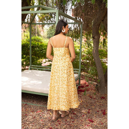 Amoree Yellow Hand Block Print Floral Dress