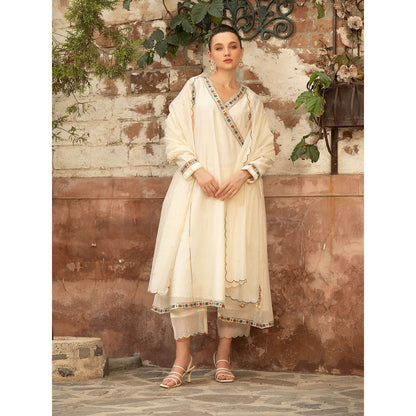 Amoree Ivory Meherbaan Angarkha Kurta with Pant and Dupatta (Set of 3)