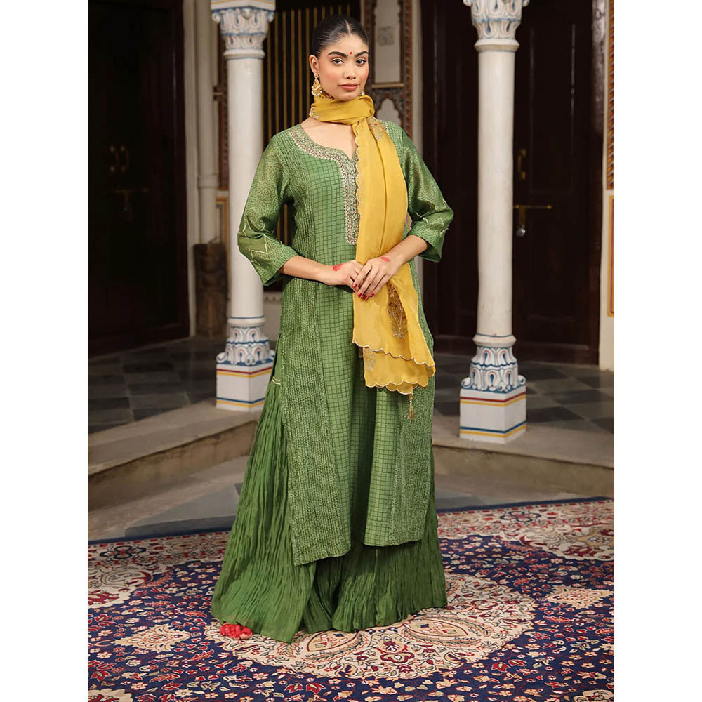 Amoree Green Hand Block Print Embroidered Kurta with Lehenga and Dupatta (Set of 3)