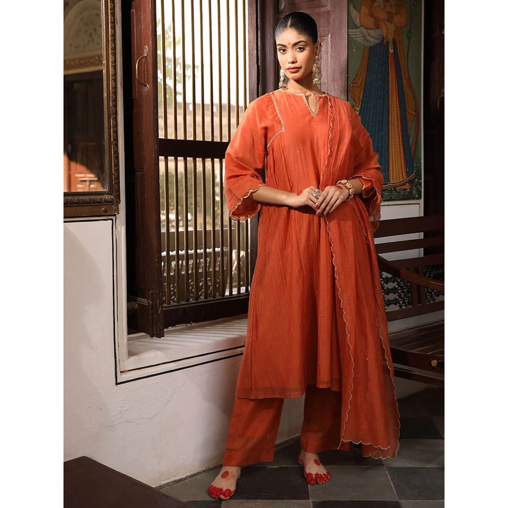 Amoree Rust Rudra Aari Embroidered Kurta with Pant and Dupatta (Set of 3)