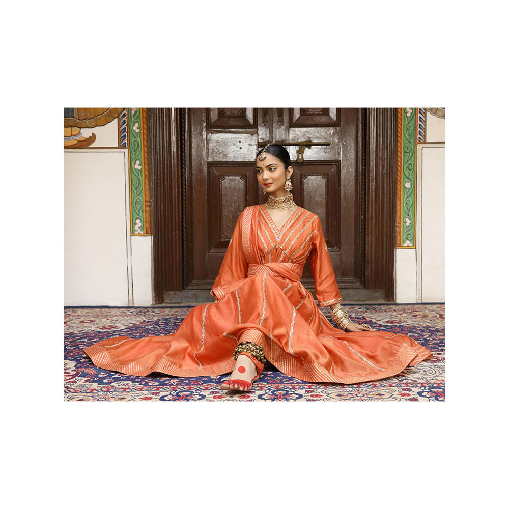 Amoree Rust Tassel Embroidered Anarkali with Pant and Dupatta (Set of 3)