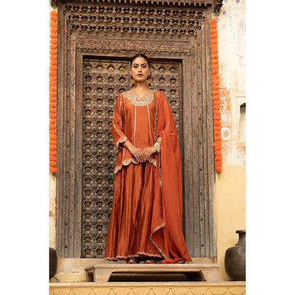 Amoree Orange Silk Kurti with Palazzo and Dupatta