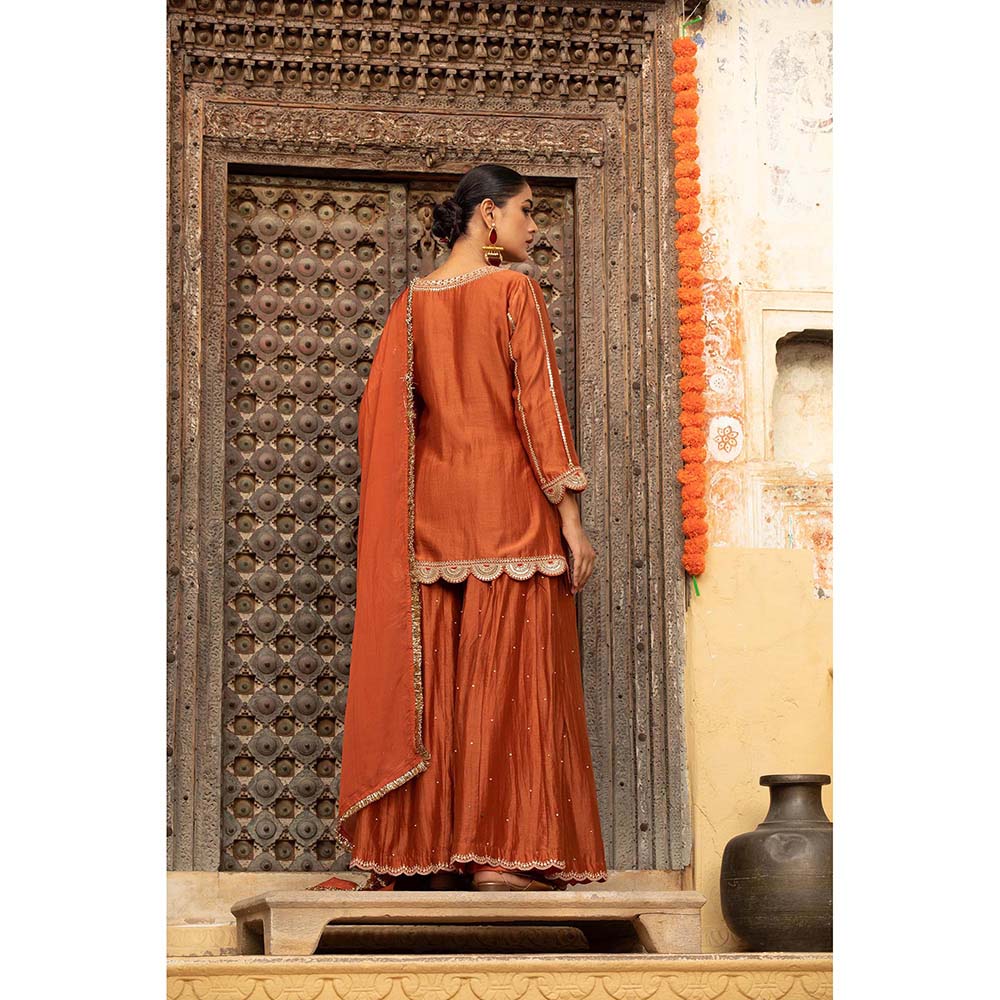 Amoree Orange Silk Kurti with Palazzo and Dupatta