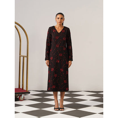 AMOSHI Women Black Polyester Midi Dress