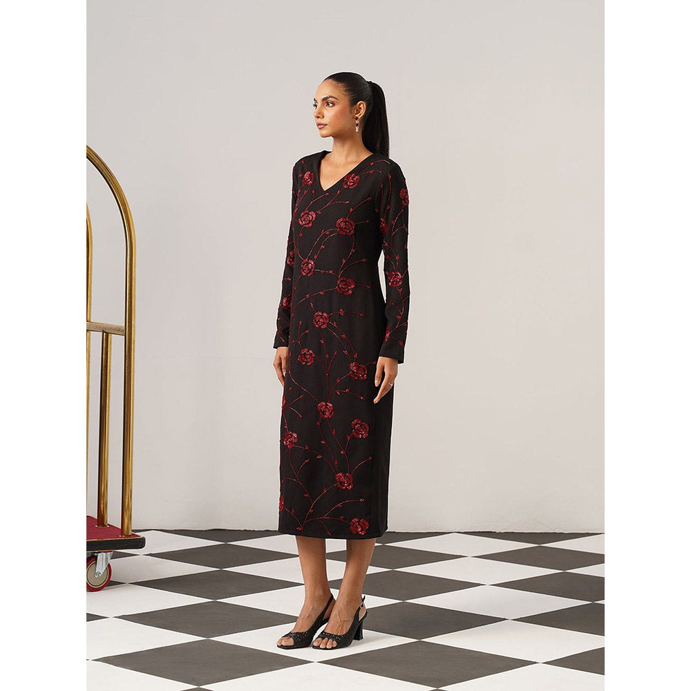 AMOSHI Women Black Polyester Midi Dress