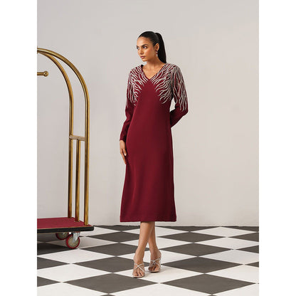AMOSHI Women Burgundy Polyester Midi Dress