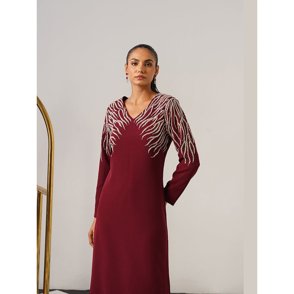 AMOSHI Women Burgundy Polyester Midi Dress