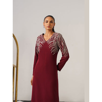 AMOSHI Women Burgundy Polyester Midi Dress