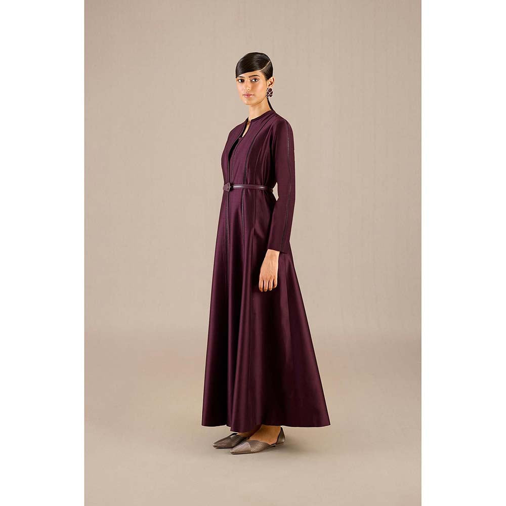 AMPM Burgundy Rumeha Abaya Jacket with Inner, Pant and Belt (Set of 4)