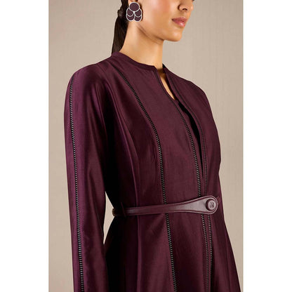 AMPM Burgundy Rumeha Abaya Jacket with Inner, Pant and Belt (Set of 4)