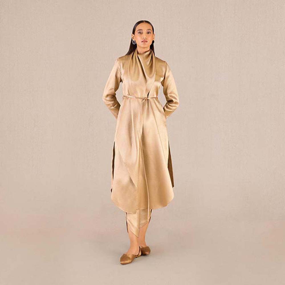 AMPM Ruhma Gold Textured Full Sleeves Kurta with Dhoti and Belt (Set of 3)